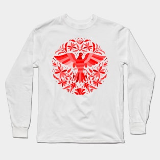 Flying Bird - Mexican Otomí Stamp Design in Red Shades by Akbaly Long Sleeve T-Shirt